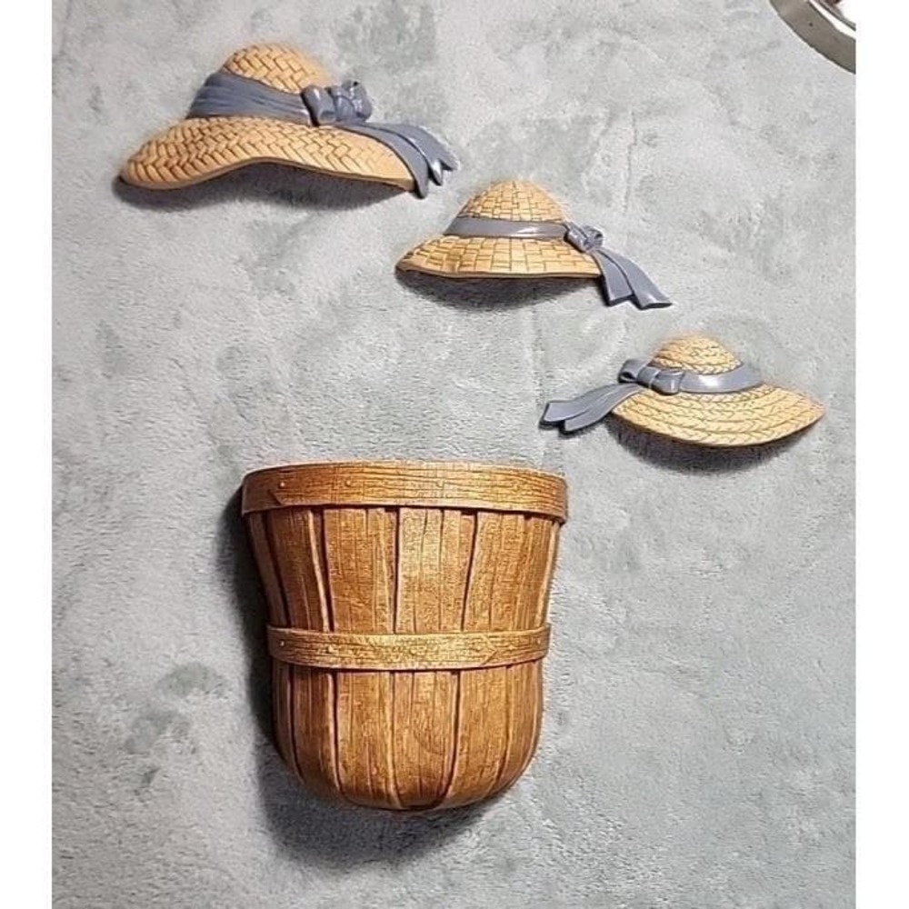 Straw Hats Blue Bows Plaques Basket Wall Hanging Decor Burwood Vtg Set of 4